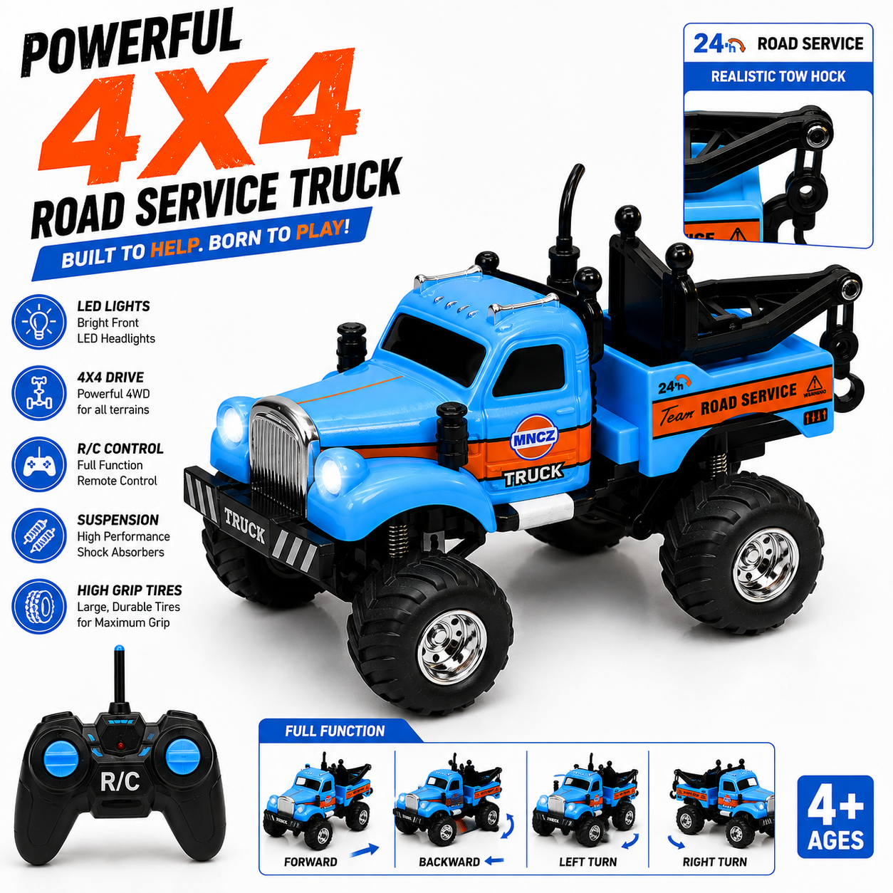 Mini RC Tow Truck | 2.4GHz Remote, Working Lights, USB-C Rechargeable