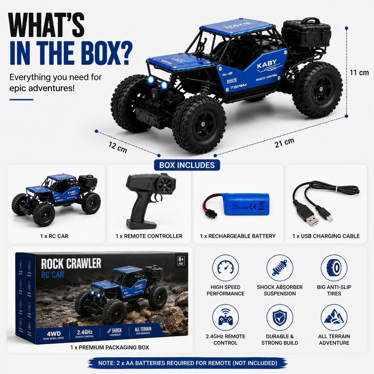 Rock Crawler RC Car 1:18 Scale | 2.4GHz, All-Terrain, LED Lights