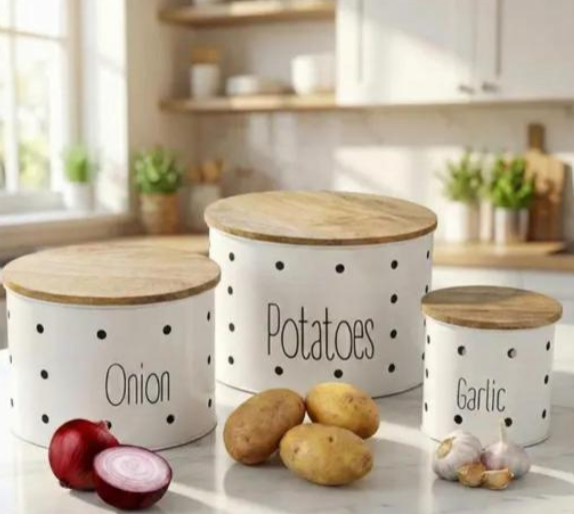 Metal Potato Onion Garlic Canister Set of 3 with Wooden Lids