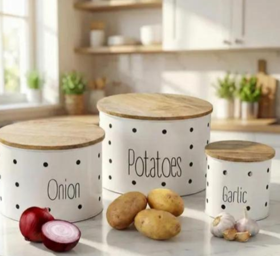Metal Potato Onion Garlic Canister Set of 3 with Wooden Lids