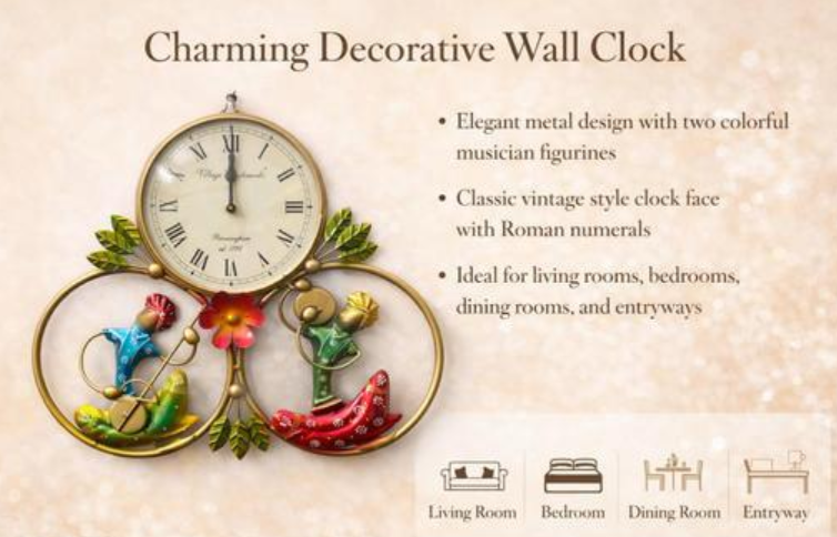 Metal Wrought Musician Wall Hanging With Clock
