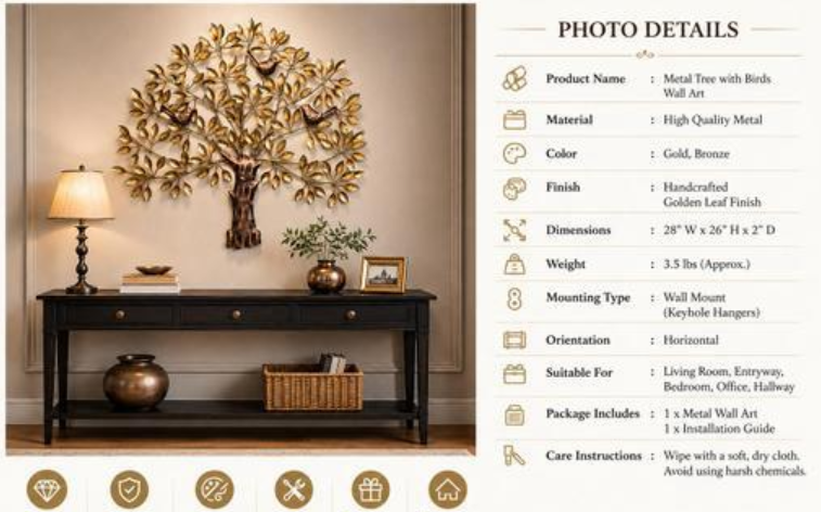 Luxury Golden Tree Wall Art with Birds